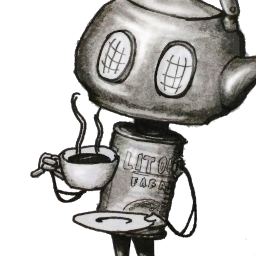 A headpot-headed robot sipping some tea